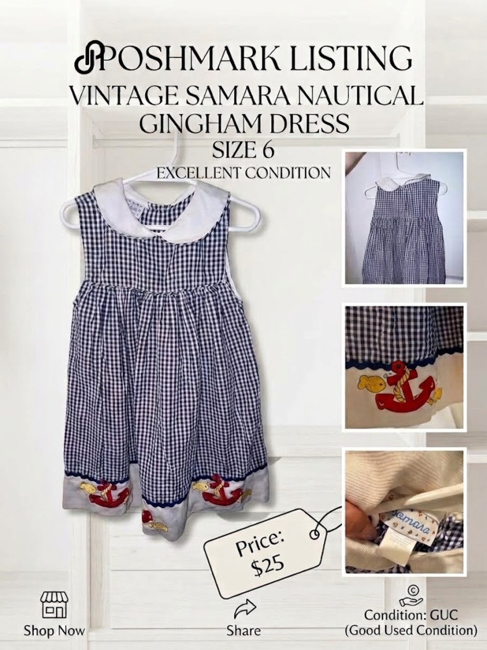 Vintage Blue Gingham Nautical Anchor Dress, Size 6 (Y2K)